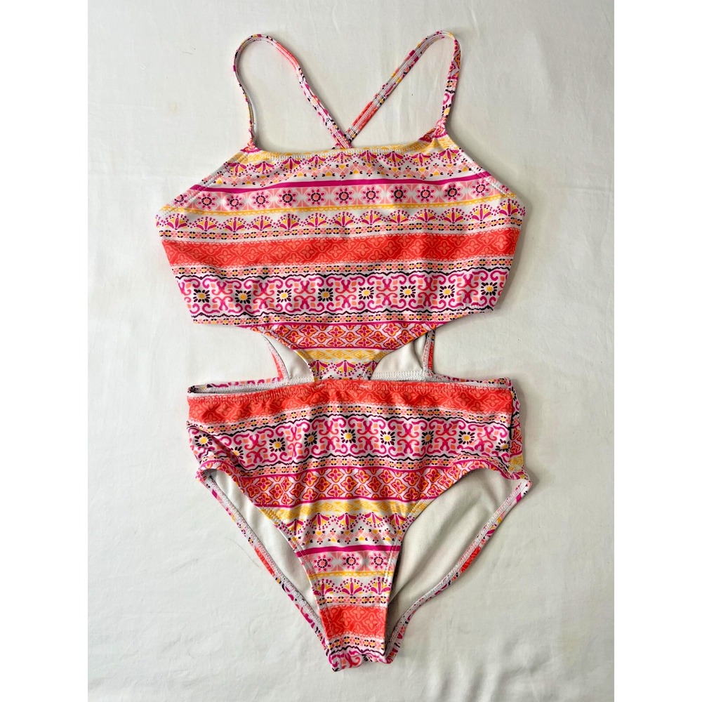 Lucky‎ Brand Girls Swimsuit Size Medium One Piece Cutout Boho Pink Orange Tribal